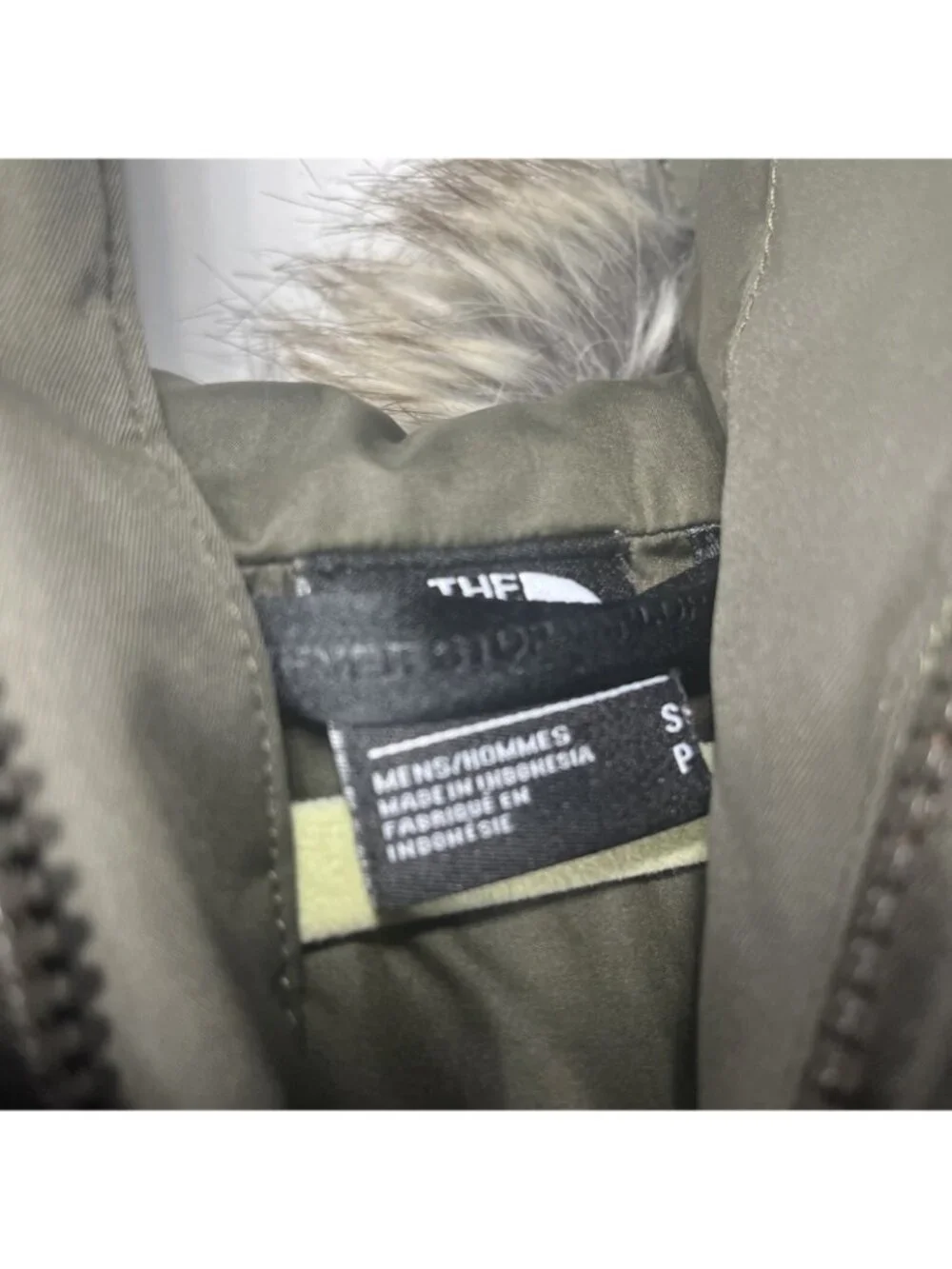 The North Face Faux Fur Removable Full Zip Down Jacket Olive Green Mens S Hooded